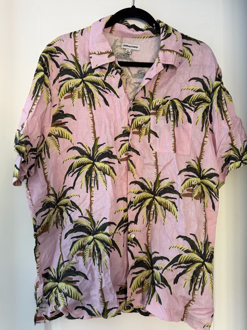 Solid & Striped Palm Tree Linen Shirt Pink Men’s Large Resort Hawaiia - Picture 2 of 6